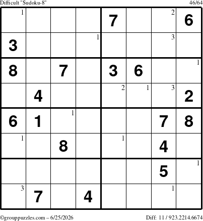 The grouppuzzles.com Difficult Sudoku-8 puzzle for Thursday June 25, 2026 with the first 3 steps marked