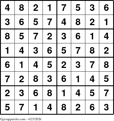 The grouppuzzles.com Answer grid for the Sudoku-8 puzzle for Thursday June 25, 2026