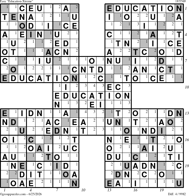 The grouppuzzles.com Easy Education-Xtreme puzzle for Thursday June 25, 2026, suitable for printing, with all 4 steps marked