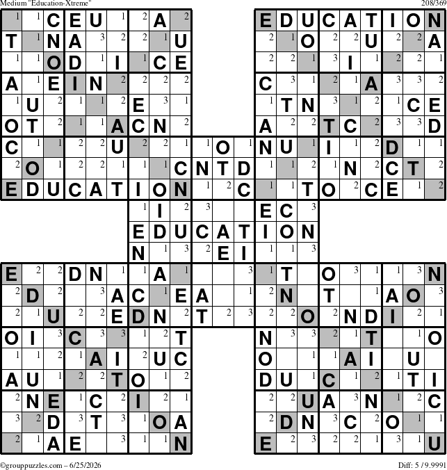 The grouppuzzles.com Medium Education-Xtreme puzzle for Thursday June 25, 2026 with the first 3 steps marked