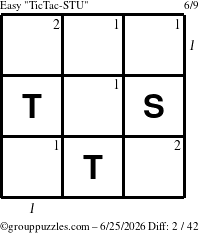 The grouppuzzles.com Easy TicTac-STU puzzle for Thursday June 25, 2026, suitable for printing, with all 2 steps marked
