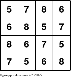 The grouppuzzles.com Answer grid for the Sudoku-4-5678 puzzle for Wednesday July 23, 2025