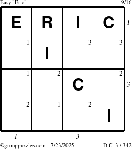 The grouppuzzles.com Easy Eric puzzle for Wednesday July 23, 2025, suitable for printing, with all 3 steps marked