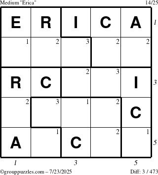 The grouppuzzles.com Medium Erica puzzle for Wednesday July 23, 2025, suitable for printing, with all 3 steps marked