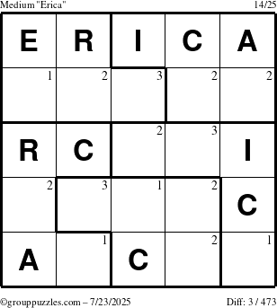 The grouppuzzles.com Medium Erica puzzle for Wednesday July 23, 2025 with the first 3 steps marked