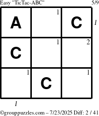 The grouppuzzles.com Easy TicTac-ABC puzzle for Wednesday July 23, 2025, suitable for printing, with all 2 steps marked