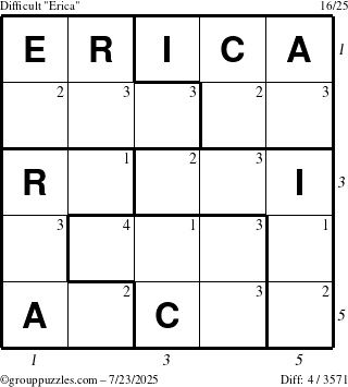 The grouppuzzles.com Difficult Erica puzzle for Wednesday July 23, 2025 with all 4 steps marked