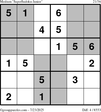 The grouppuzzles.com Medium SuperSudoku-Junior puzzle for Wednesday July 23, 2025