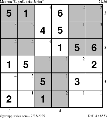 The grouppuzzles.com Medium SuperSudoku-Junior puzzle for Wednesday July 23, 2025 with all 4 steps marked