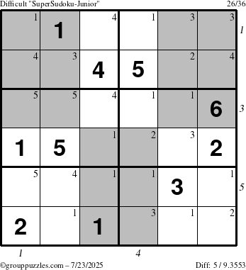 The grouppuzzles.com Difficult SuperSudoku-Junior puzzle for Wednesday July 23, 2025, suitable for printing, with all 5 steps marked