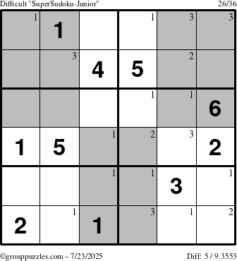The grouppuzzles.com Difficult SuperSudoku-Junior puzzle for Wednesday July 23, 2025 with the first 3 steps marked