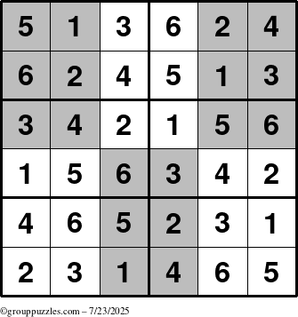 The grouppuzzles.com Answer grid for the SuperSudoku-Junior puzzle for Wednesday July 23, 2025