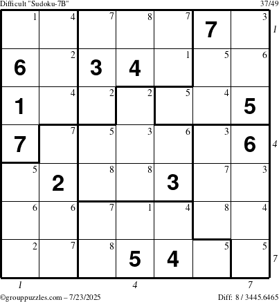 The grouppuzzles.com Difficult Sudoku-7B puzzle for Wednesday July 23, 2025, suitable for printing, with all 8 steps marked