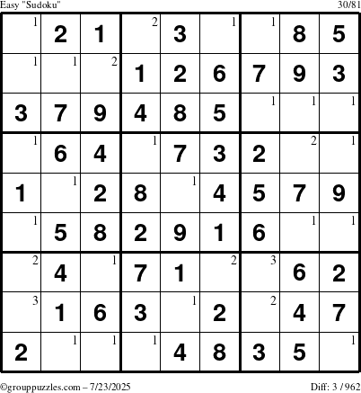 The grouppuzzles.com Easy Sudoku puzzle for Wednesday July 23, 2025 with the first 3 steps marked