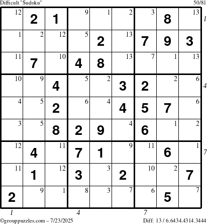 The grouppuzzles.com Difficult Sudoku puzzle for Wednesday July 23, 2025 with all 13 steps marked