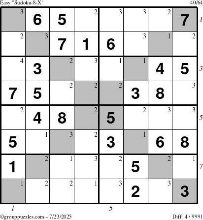 The grouppuzzles.com Easy Sudoku-8-X puzzle for Wednesday July 23, 2025 with all 4 steps marked