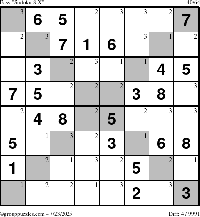 The grouppuzzles.com Easy Sudoku-8-X puzzle for Wednesday July 23, 2025 with the first 3 steps marked