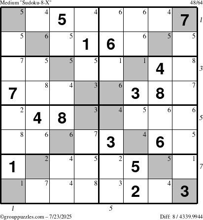 The grouppuzzles.com Medium Sudoku-8-X puzzle for Wednesday July 23, 2025 with all 8 steps marked
