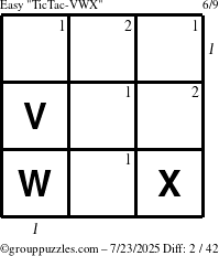 The grouppuzzles.com Easy TicTac-VWX puzzle for Wednesday July 23, 2025, suitable for printing, with all 2 steps marked