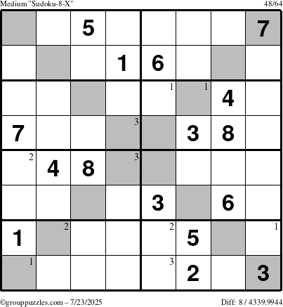 The grouppuzzles.com Medium Sudoku-8-X puzzle for Wednesday July 23, 2025 with the first 3 steps marked