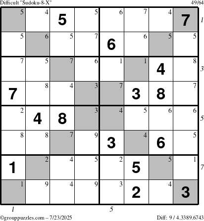 The grouppuzzles.com Difficult Sudoku-8-X puzzle for Wednesday July 23, 2025 with all 9 steps marked