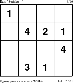 The grouppuzzles.com Easy Sudoku-4 puzzle for Sunday June 28, 2026