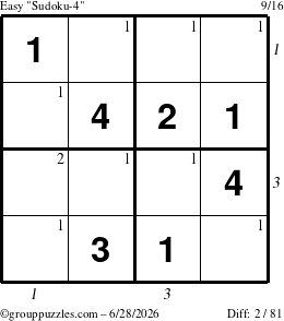 The grouppuzzles.com Easy Sudoku-4 puzzle for Sunday June 28, 2026 with all 2 steps marked