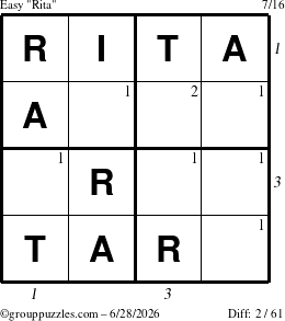 The grouppuzzles.com Easy Rita puzzle for Sunday June 28, 2026 with all 2 steps marked