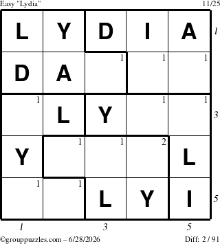 The grouppuzzles.com Easy Lydia puzzle for Sunday June 28, 2026 with all 2 steps marked