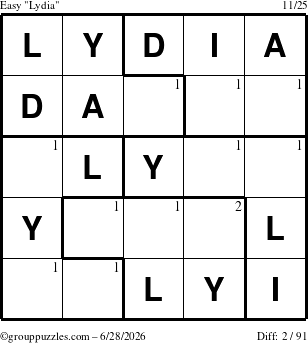 The grouppuzzles.com Easy Lydia puzzle for Sunday June 28, 2026 with the first 2 steps marked