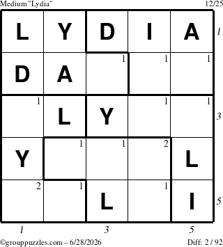 The grouppuzzles.com Medium Lydia puzzle for Sunday June 28, 2026, suitable for printing, with all 2 steps marked