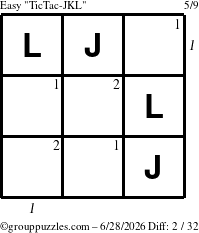 The grouppuzzles.com Easy TicTac-JKL puzzle for Sunday June 28, 2026, suitable for printing, with all 2 steps marked