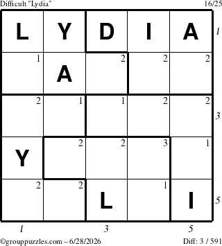 The grouppuzzles.com Difficult Lydia puzzle for Sunday June 28, 2026, suitable for printing, with all 3 steps marked