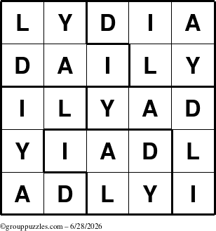 The grouppuzzles.com Answer grid for the Lydia puzzle for Sunday June 28, 2026