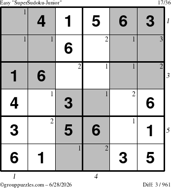 The grouppuzzles.com Easy SuperSudoku-Junior puzzle for Sunday June 28, 2026 with all 3 steps marked