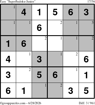The grouppuzzles.com Easy SuperSudoku-Junior puzzle for Sunday June 28, 2026 with the first 3 steps marked
