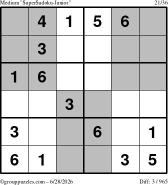 The grouppuzzles.com Medium SuperSudoku-Junior puzzle for Sunday June 28, 2026