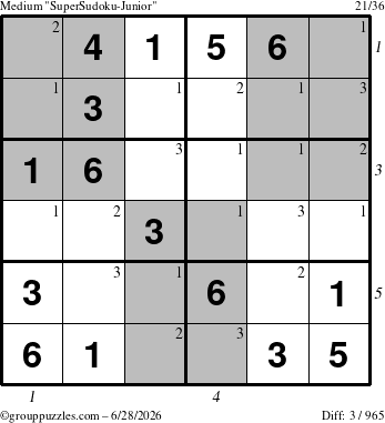 The grouppuzzles.com Medium SuperSudoku-Junior puzzle for Sunday June 28, 2026, suitable for printing, with all 3 steps marked