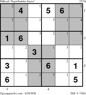 The grouppuzzles.com Difficult SuperSudoku-Junior puzzle for Sunday June 28, 2026 with all 4 steps marked