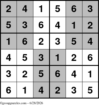 The grouppuzzles.com Answer grid for the SuperSudoku-Junior puzzle for Sunday June 28, 2026