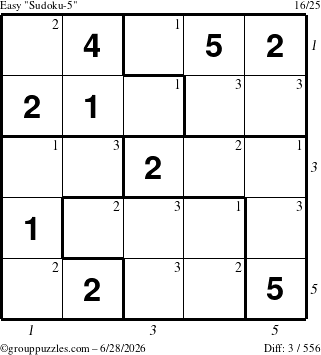 The grouppuzzles.com Easy Sudoku-5 puzzle for Sunday June 28, 2026, suitable for printing, with all 3 steps marked