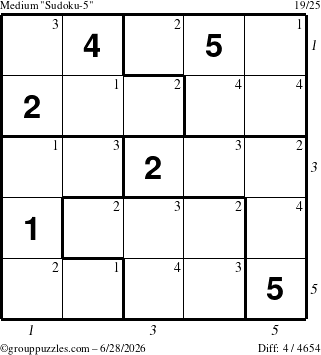 The grouppuzzles.com Medium Sudoku-5 puzzle for Sunday June 28, 2026 with all 4 steps marked
