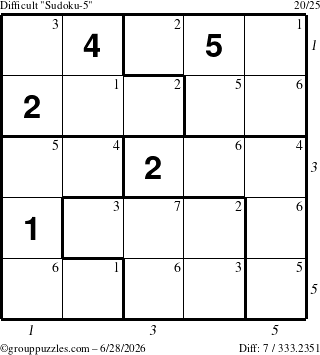 The grouppuzzles.com Difficult Sudoku-5 puzzle for Sunday June 28, 2026 with all 7 steps marked