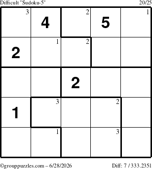 The grouppuzzles.com Difficult Sudoku-5 puzzle for Sunday June 28, 2026 with the first 3 steps marked