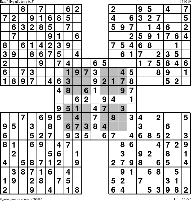The grouppuzzles.com Easy HyperSudoku-by5 puzzle for Sunday June 28, 2026