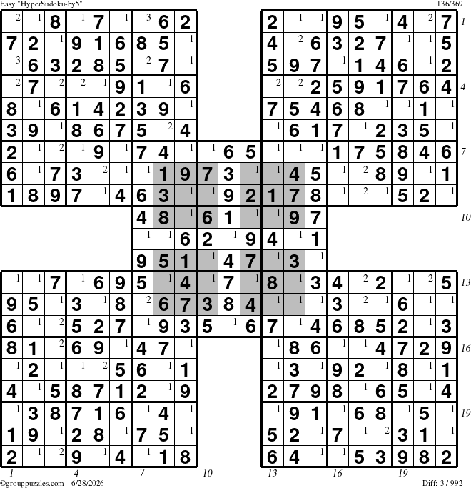 The grouppuzzles.com Easy HyperSudoku-by5 puzzle for Sunday June 28, 2026 with all 3 steps marked