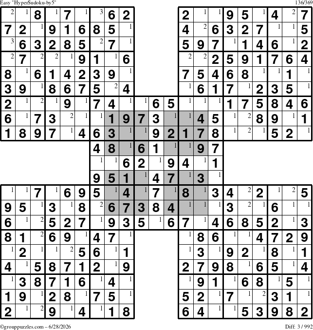 The grouppuzzles.com Easy HyperSudoku-by5 puzzle for Sunday June 28, 2026 with the first 3 steps marked