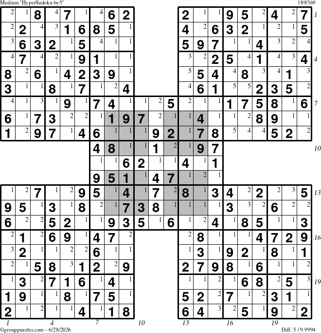 The grouppuzzles.com Medium HyperSudoku-by5 puzzle for Sunday June 28, 2026, suitable for printing, with all 5 steps marked