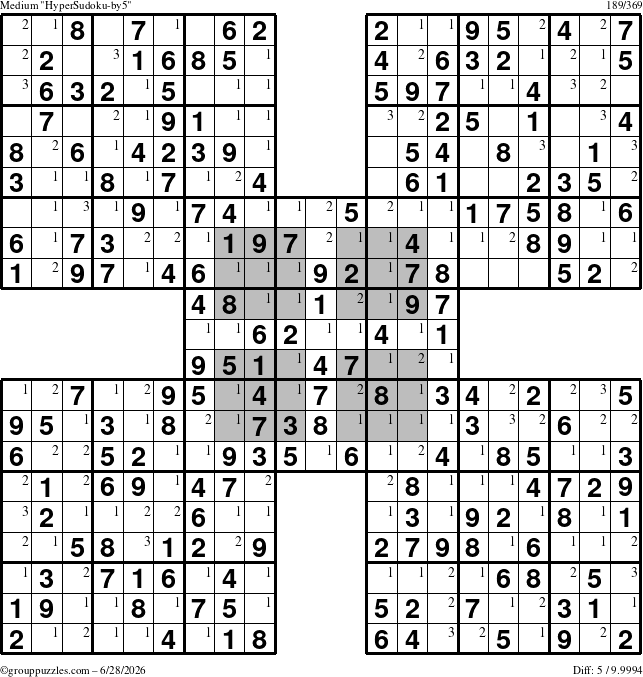 The grouppuzzles.com Medium HyperSudoku-by5 puzzle for Sunday June 28, 2026 with the first 3 steps marked