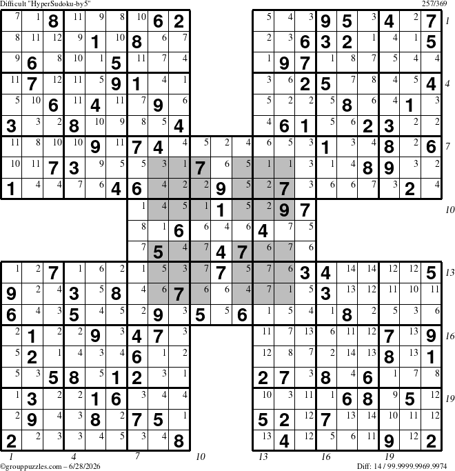 The grouppuzzles.com Difficult HyperSudoku-by5 puzzle for Sunday June 28, 2026 with all 14 steps marked